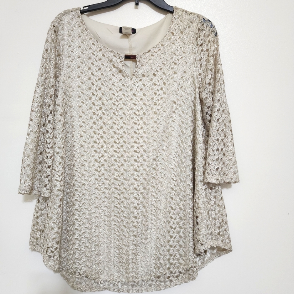 COCOMO All Over Lace 3/4 Sleeves Lined Blouse Large Ecru